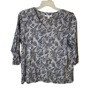 Pure Jill J. Jill Women Large Organic Cotton Floral V-Neck 3/4 Sleeve Top Grey
